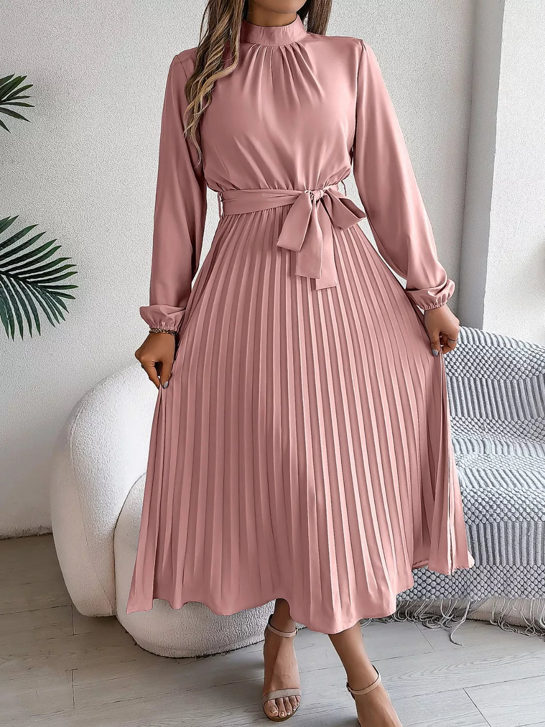 Mock Neck Pleated Midi Dress