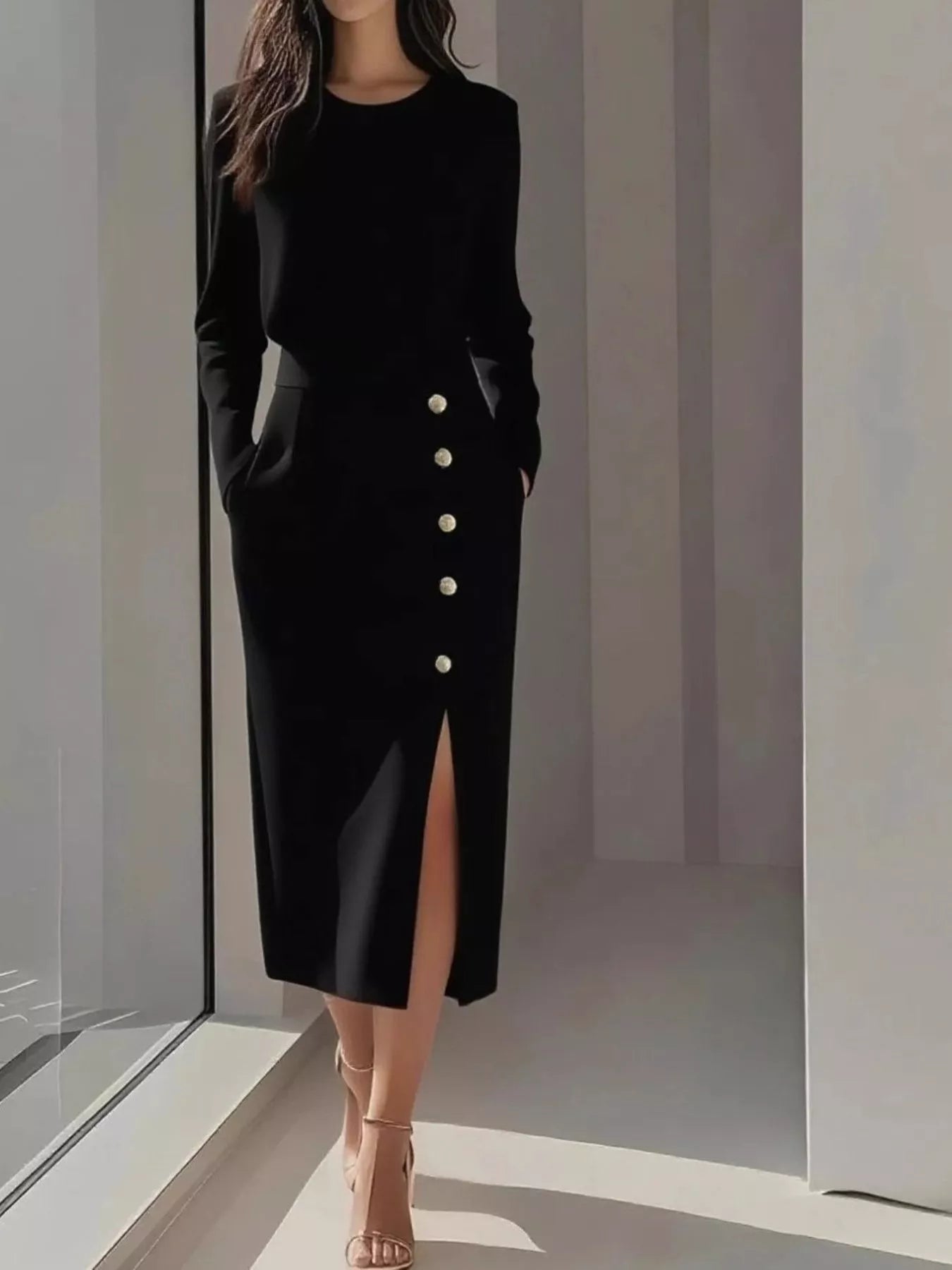 Long Sleeve Button Detail Midi Dress with Side Slit