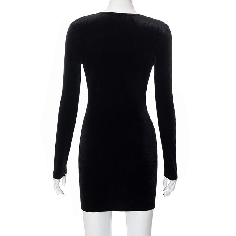 Aerilla Low Cut Long Sleeve Black Dress