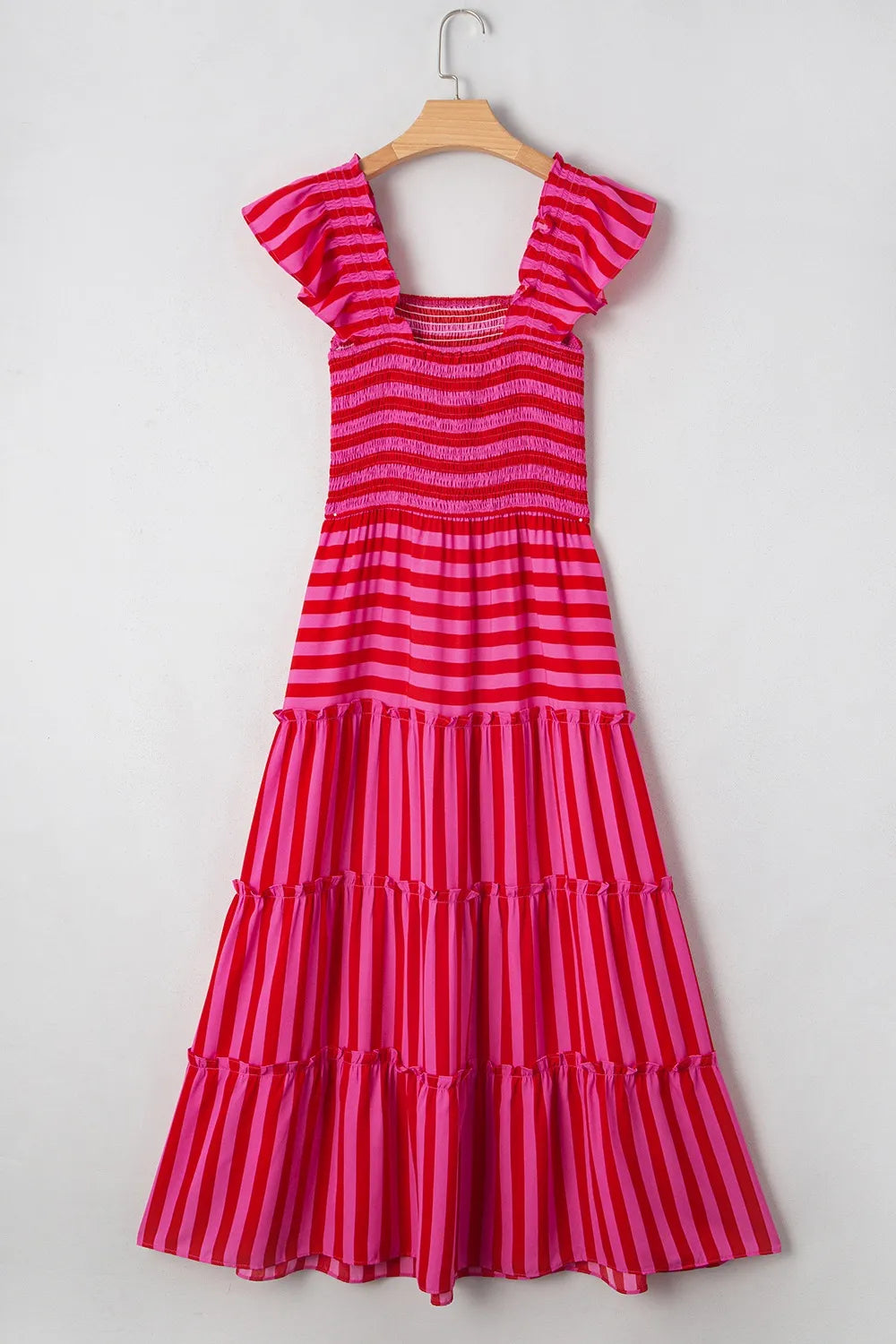 Stripe Flutter Sleeve Smocked Bodice Tiered Maxi Dress