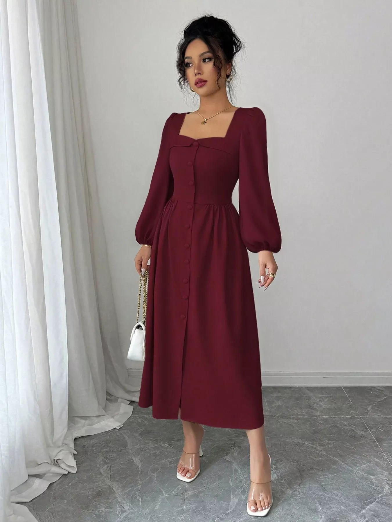 Square Neck Button-Front Midi Dress