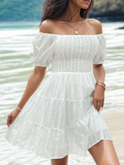 Perfee Smocked Eyelet Off-Shoulder Mini Dress