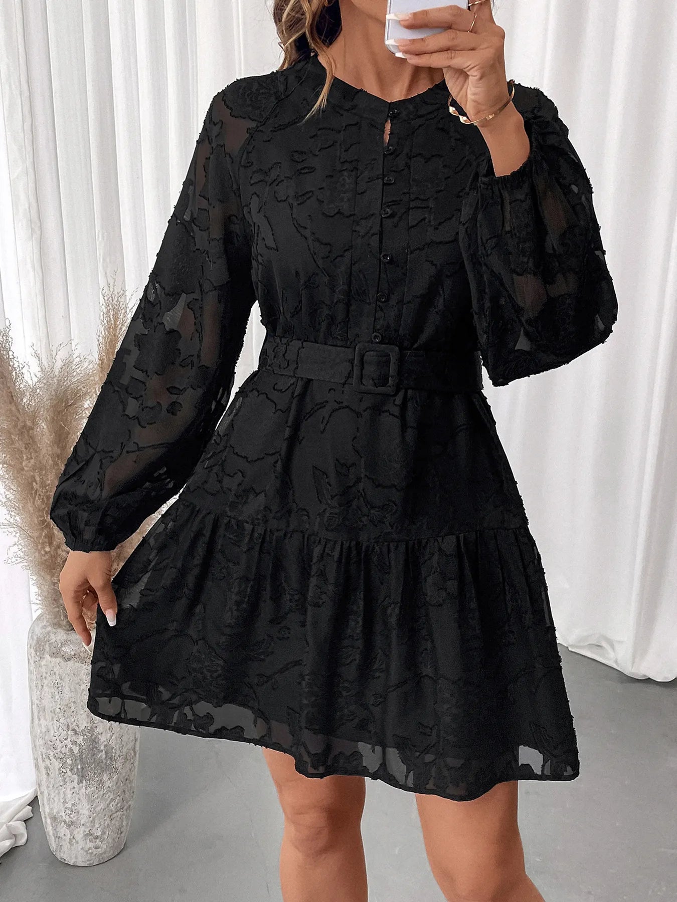 Button-Front Balloon Sleeve Mini Dress