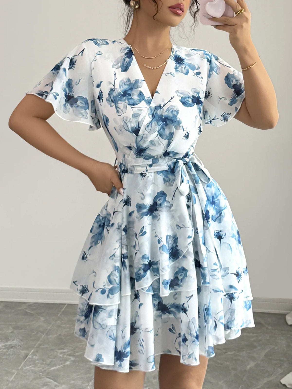 Printed Surplice Layered Mini Dress