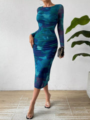 Watercolor Print Mesh Bodycon Midi Dress