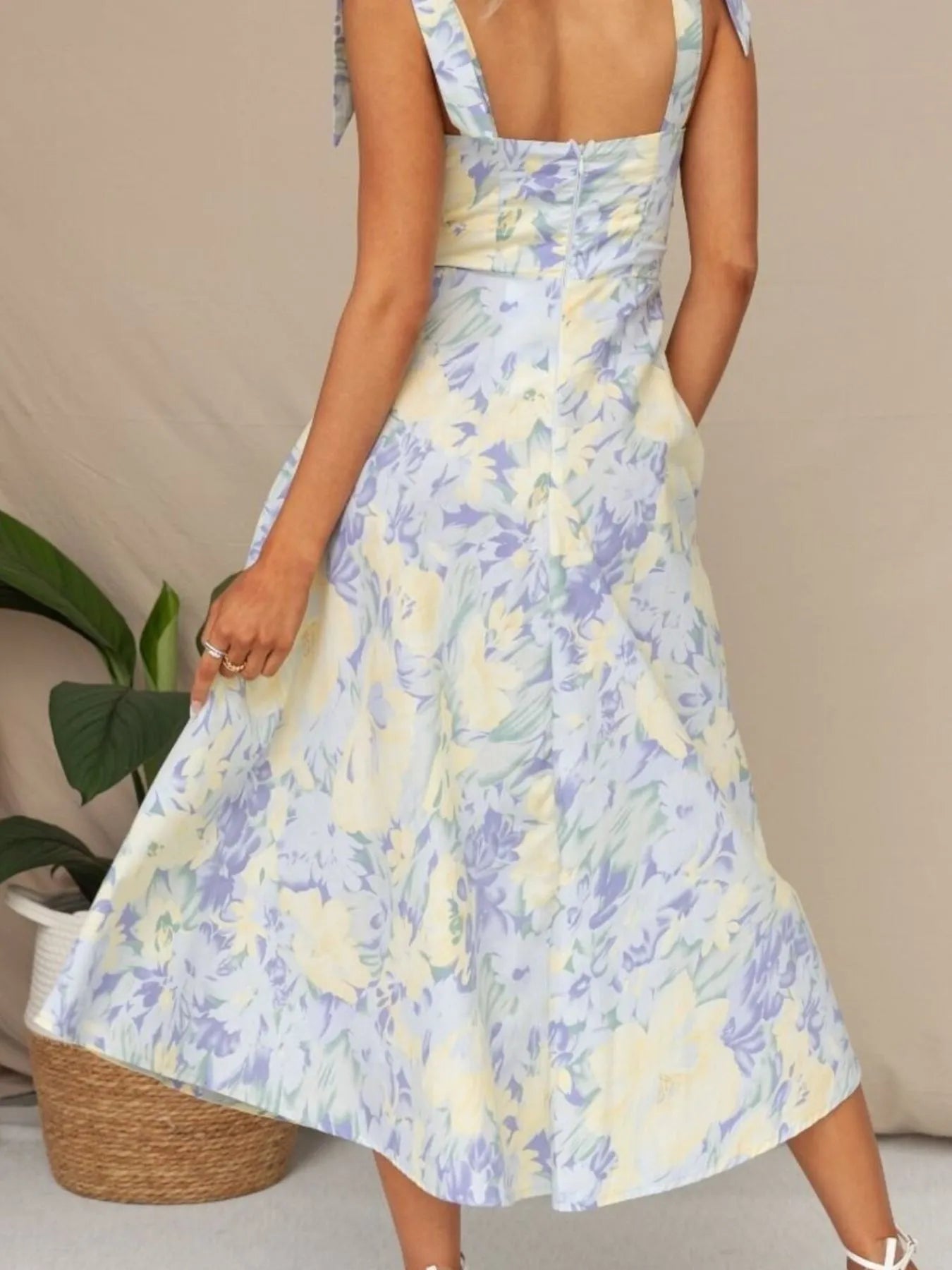 Floral Tie-Strap Sweetheart Neck Midi Dress
