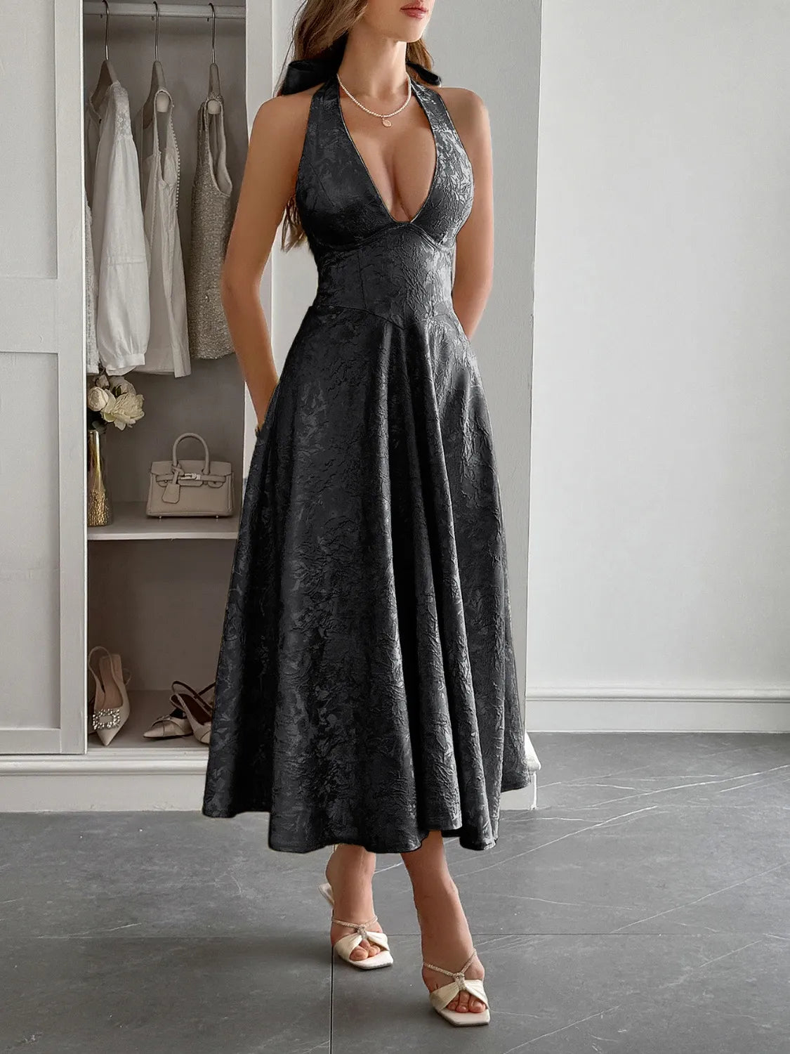 Halter Neck Midi Dress with Pockets