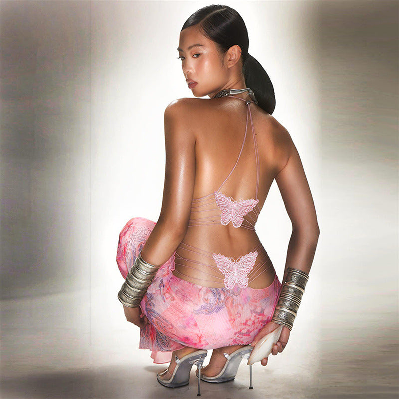 Spaghetti Straps Butterfly Backless Dress