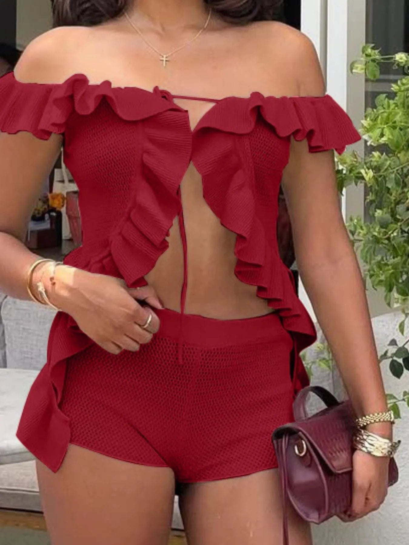 Off-Shoulder Ruffle Top and Shorts Sweater Set