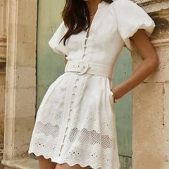 V-neck Puff Sleeve Belt Waist  Mini Dress