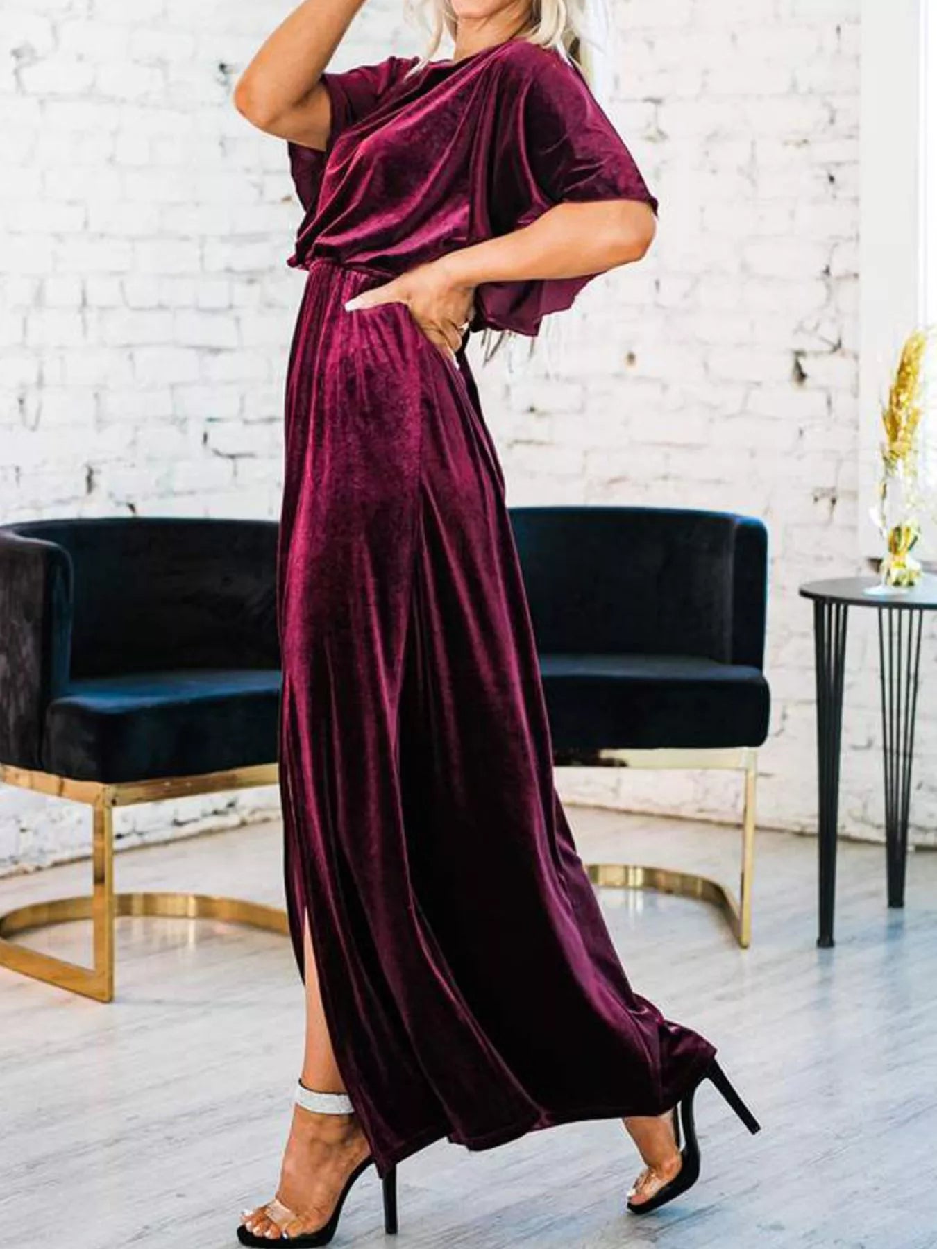 Slit Round Neck Flutter Sleeve Velvet Maxi Dress