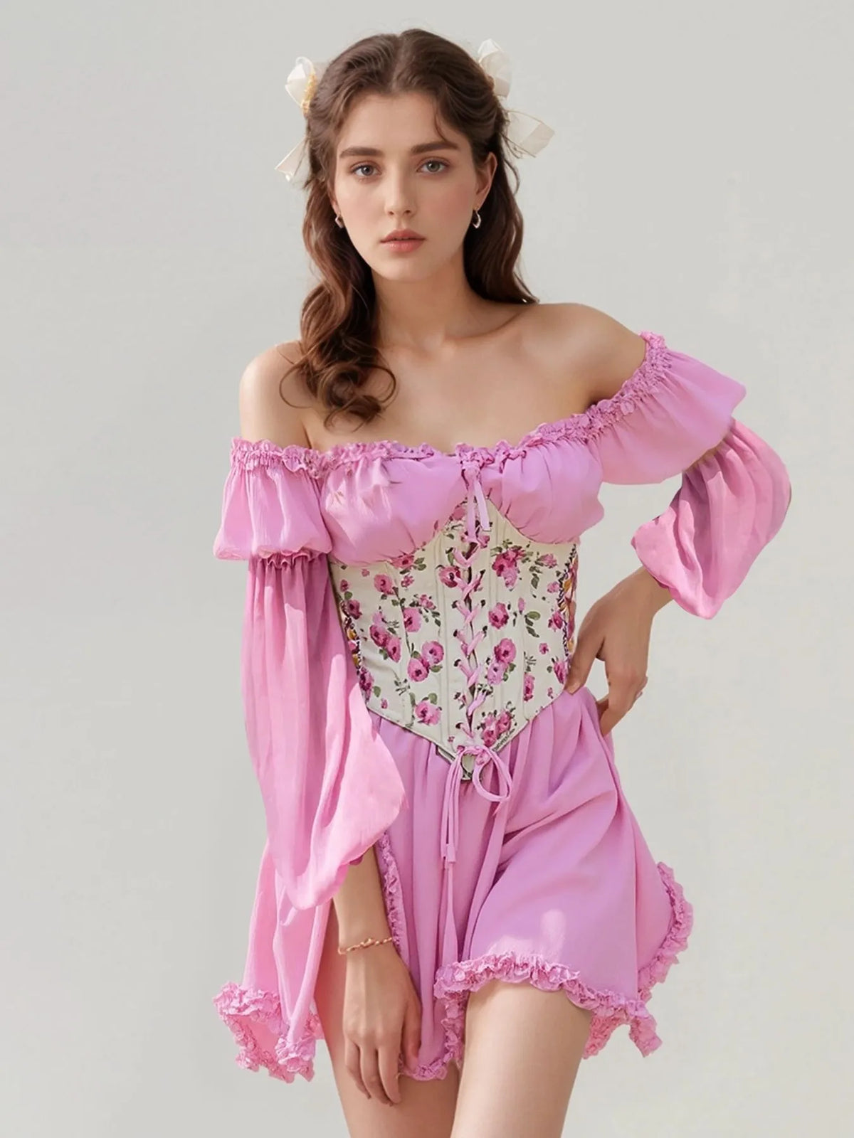 Floral Lace Up Long Sleeve Mini Dress