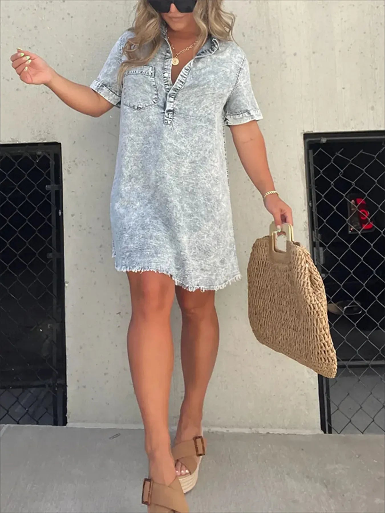 Full Size Raw Hem Short Sleeve Denim Dress Plus Size