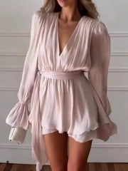 Deep V-Neck Flounce Sleeve Mini Dress