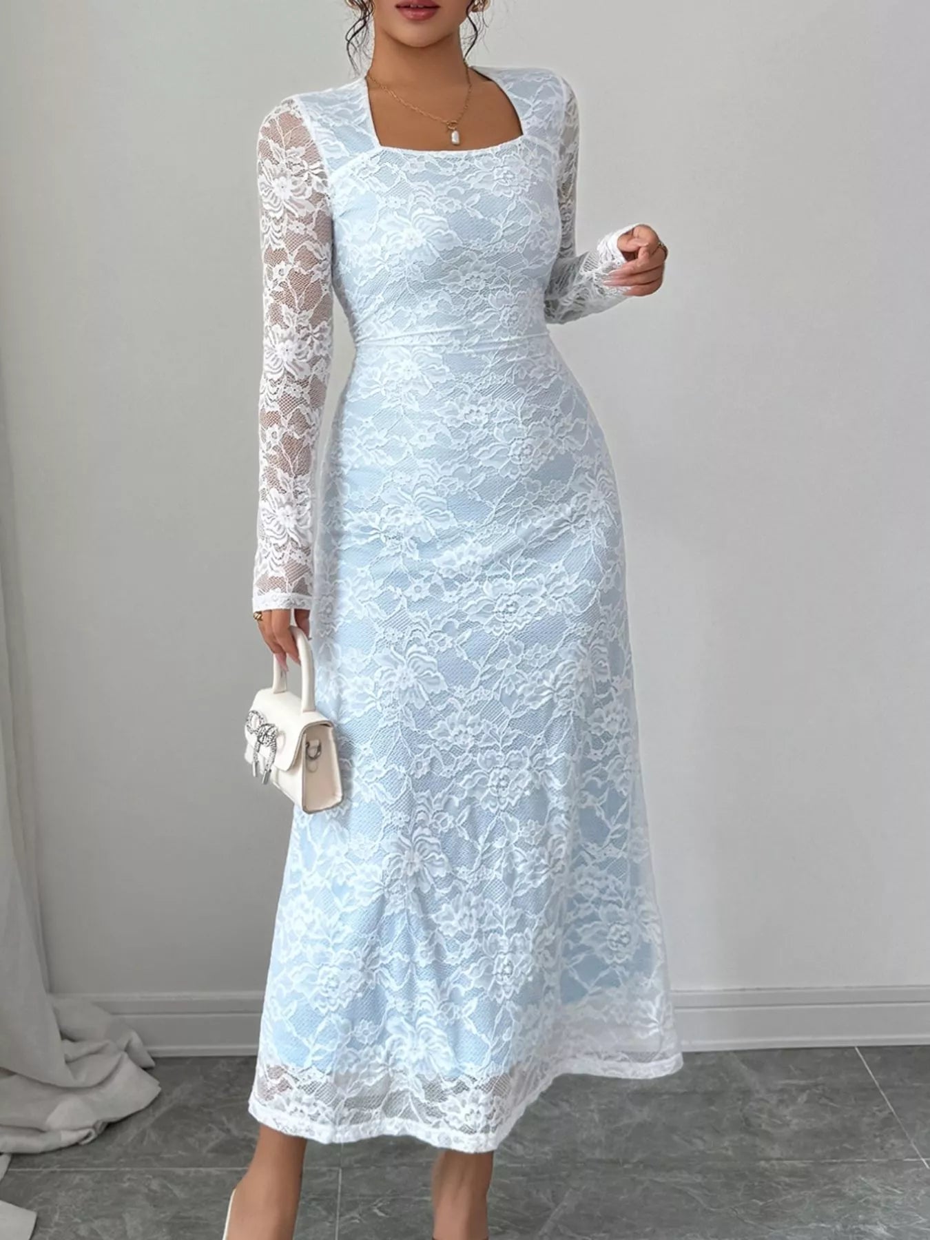 Lace Long Sleeve Square Neck Maxi Dress
