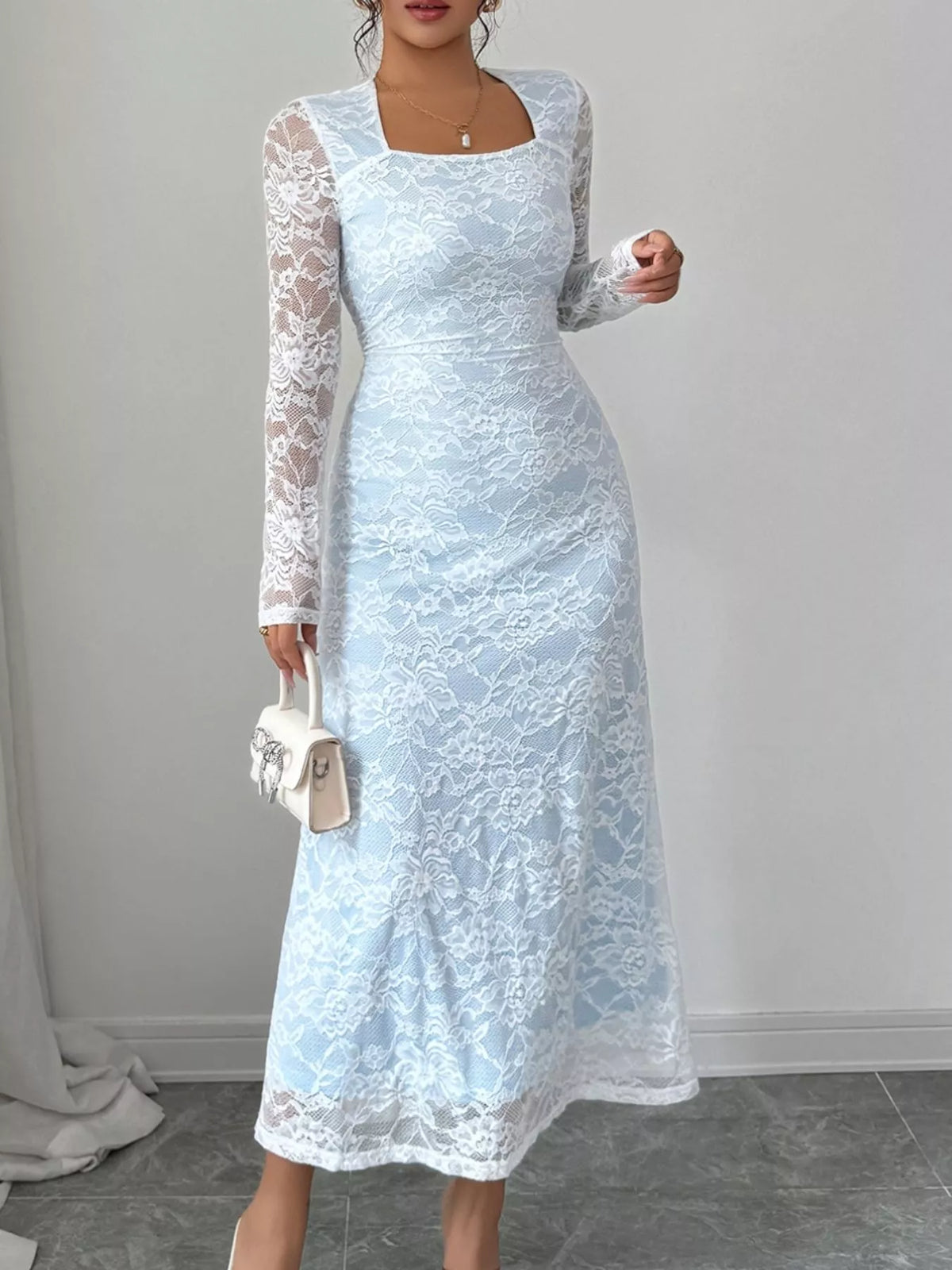 Lace Long Sleeve Square Neck Maxi Dress