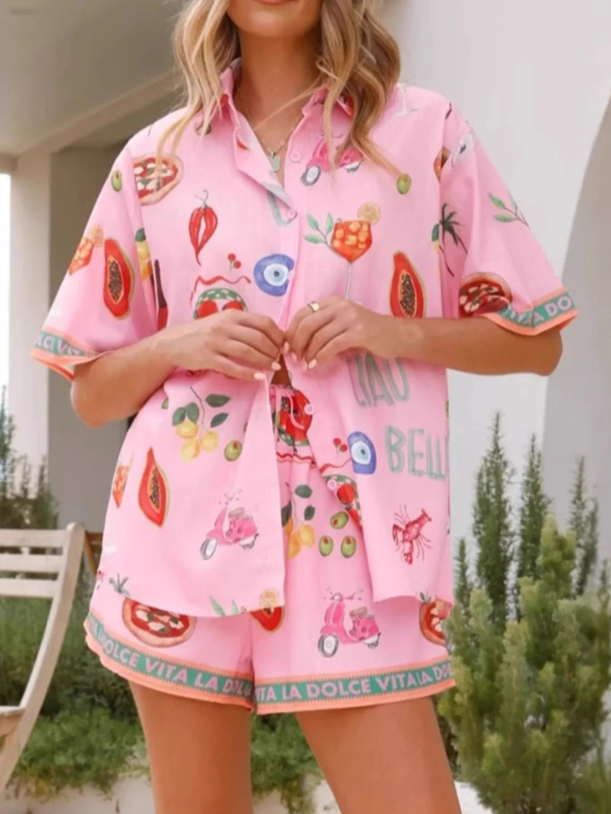 Printed Button Up Shirt and Shorts Set