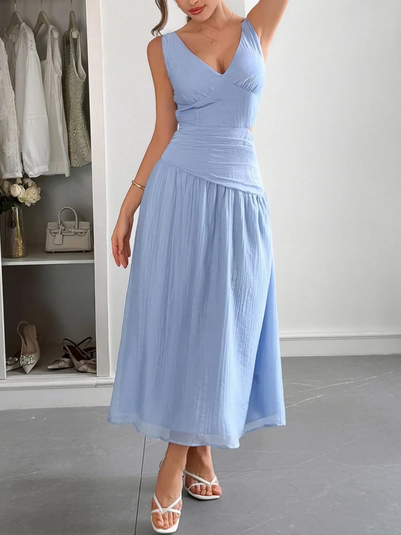 Cutout V-Neck Sleeveless Midi Dress