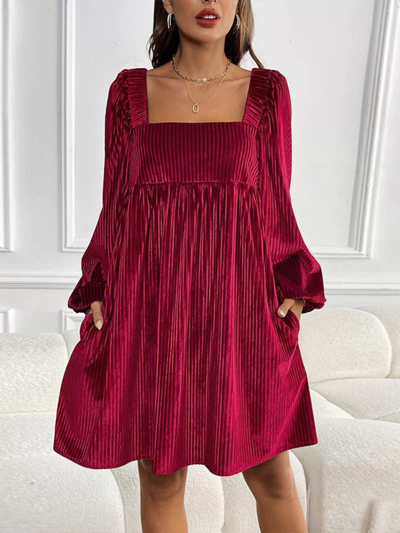 Velvet Square Neck Long Sleeve Dress