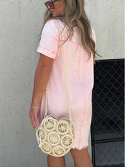 Full Size Raw Hem Short Sleeve Denim Dress Plus Size