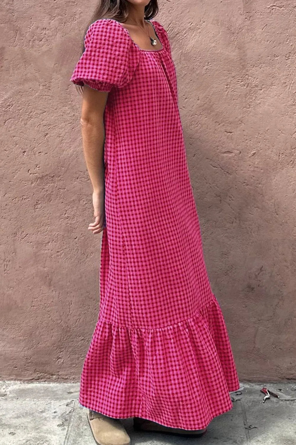 SYNZ Gingham Check Bubble Sleeve Ruffled Maxi Dress