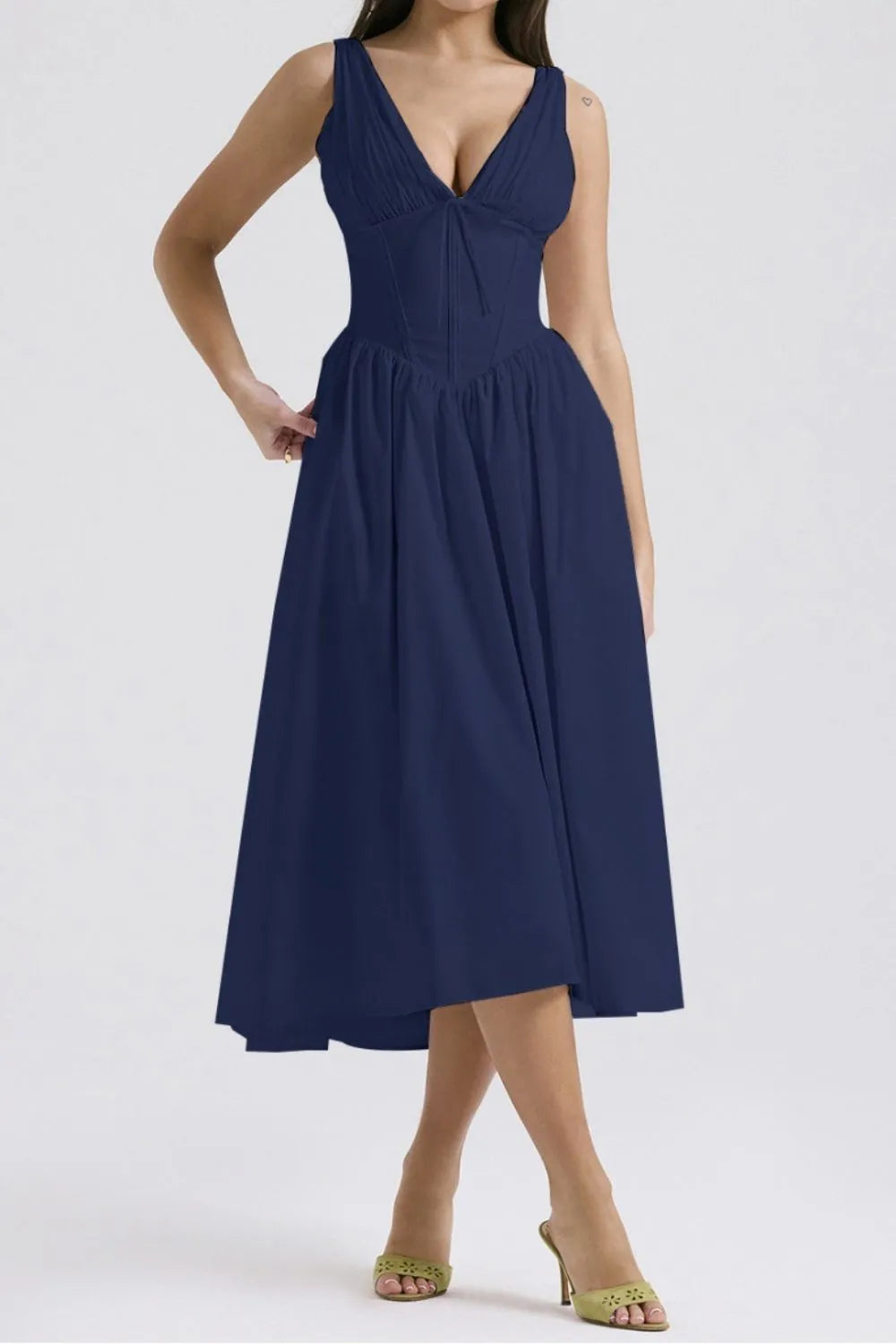 Ruched V-Neck Sleeveless Dress with Pockets