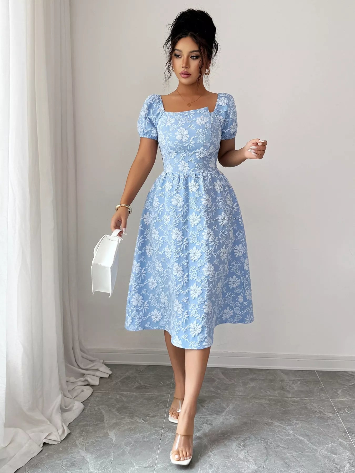 Floral Square Neck Puff Sleeve Midi Dress