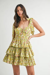 MABLE Floral Print Shoulder Tie Layered Mini Dress