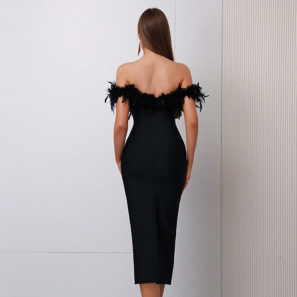 Alyia Off-Shoulder Feather Dress