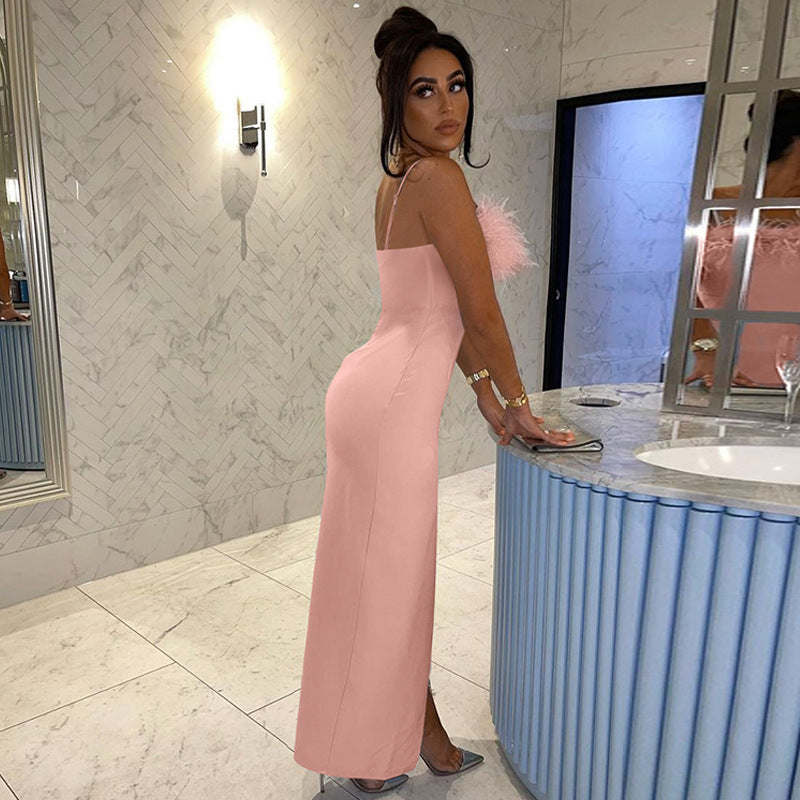 Chic Feather Trim Slip Dress