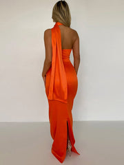 Fera Backless Satin Tail Back Dress