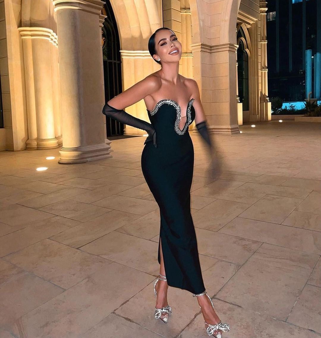 Chic Strapless V-Neck Midi Party Wear