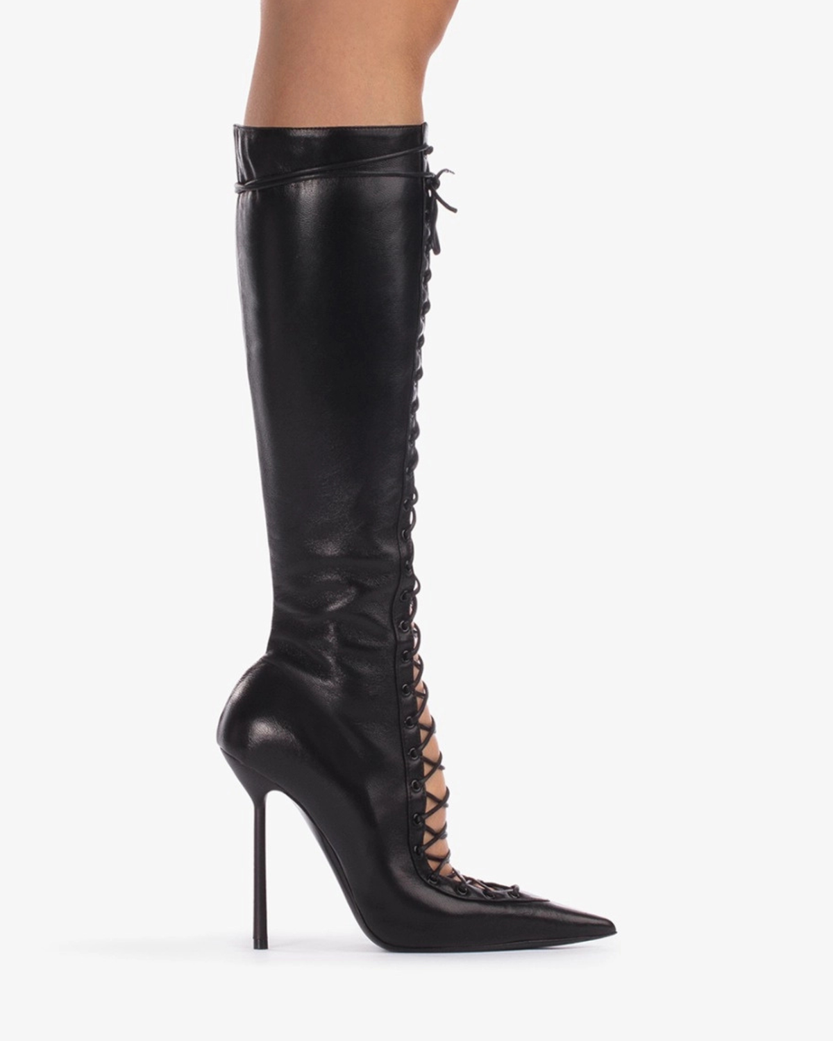 Agnola Lace Up Leather Knee High Boots In Black