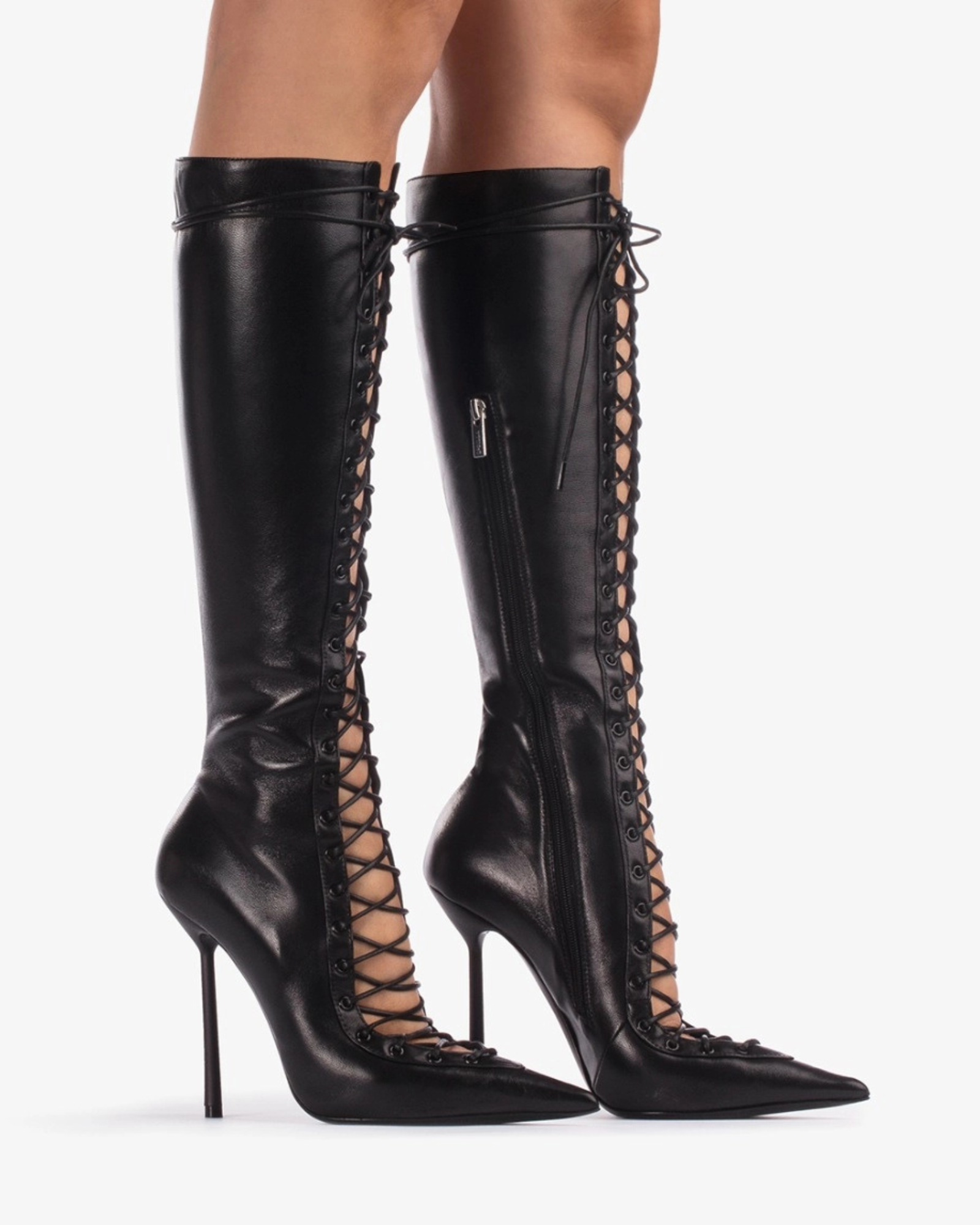 Agnola Lace Up Leather Knee High Boots In Black