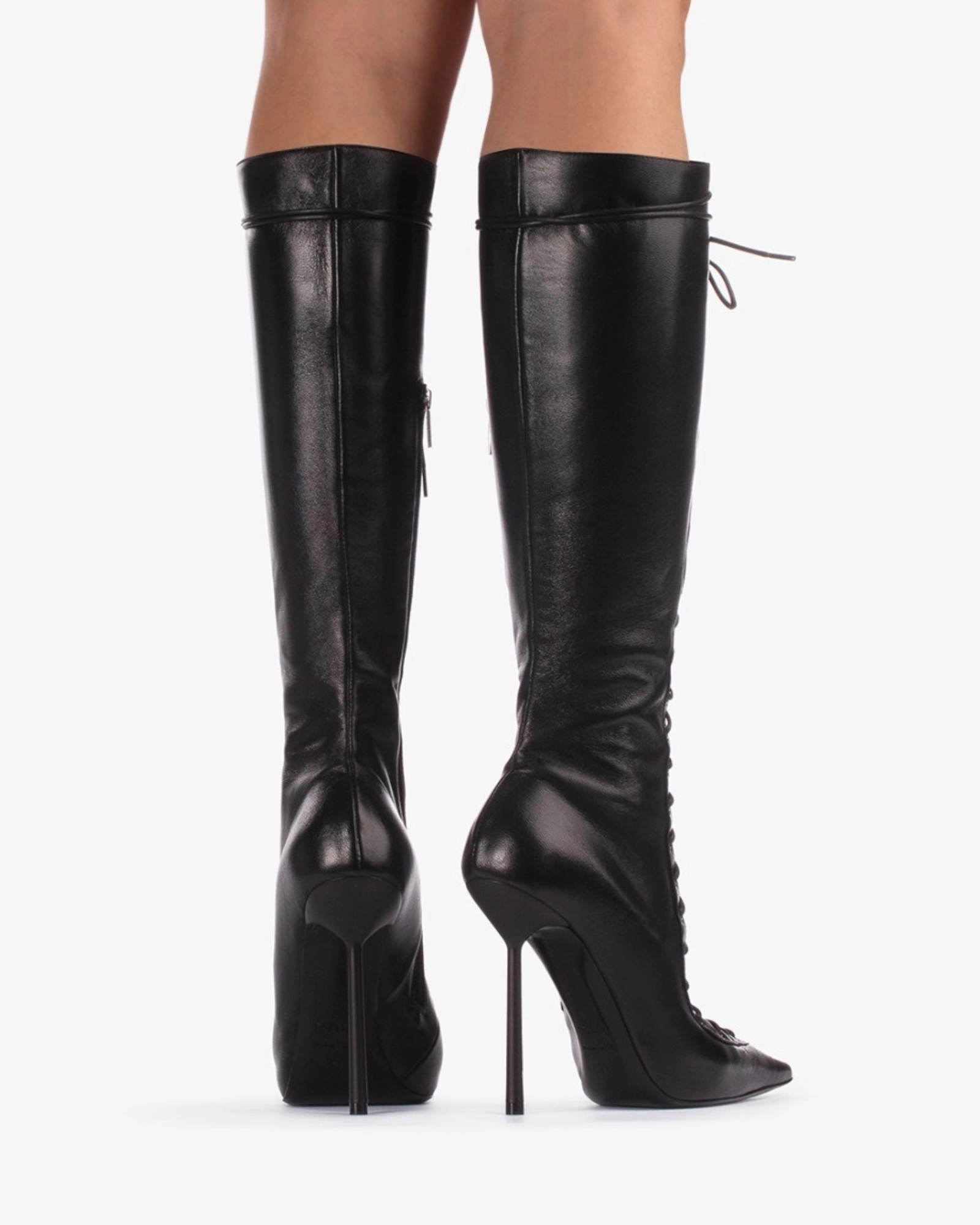 Agnola Lace Up Leather Knee High Boots In Black