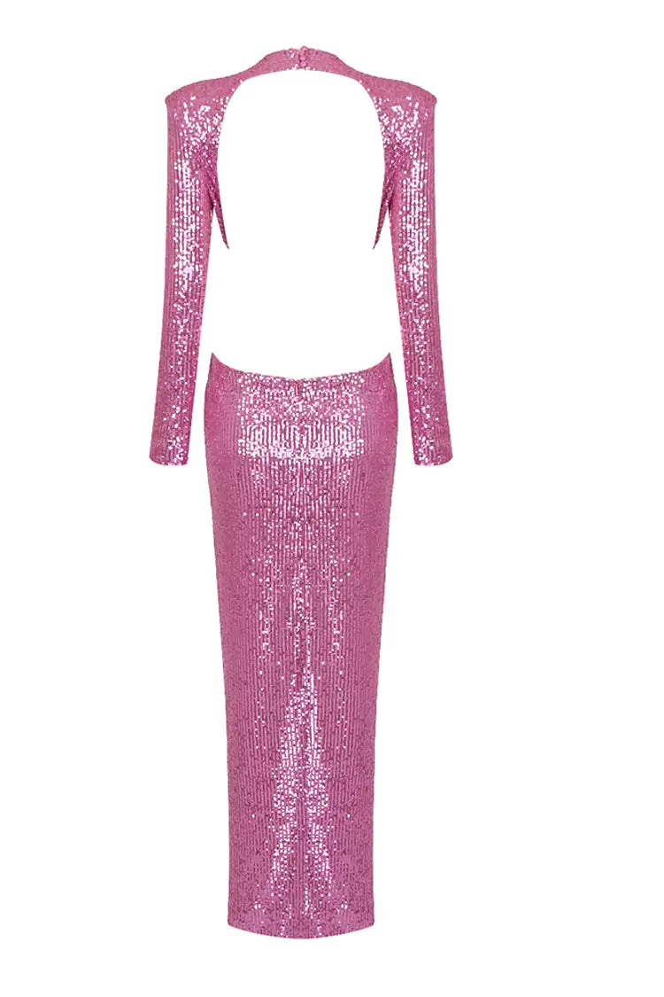 Lesya Round Neck Flower Waist Button Sequin Dress-Pink