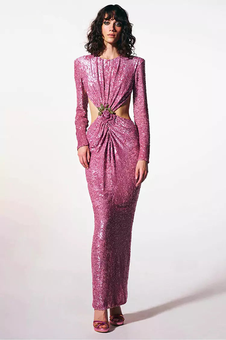 Lesya Round Neck Flower Waist Button Sequin Dress-Pink