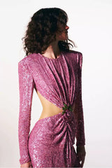 Lesya Round Neck Flower Waist Button Sequin Dress-Pink