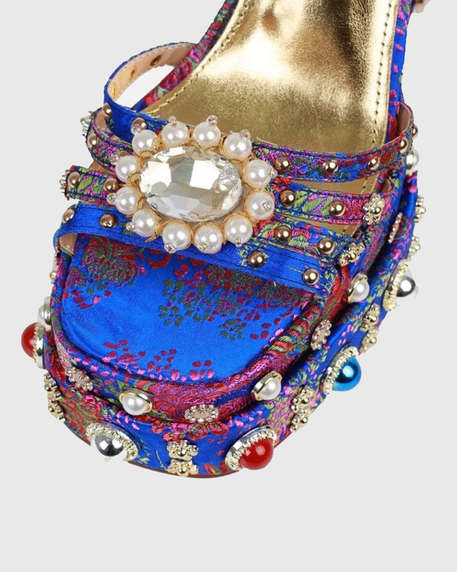 Armida Vintage Embroidery Strap Platform Sandals In Blue