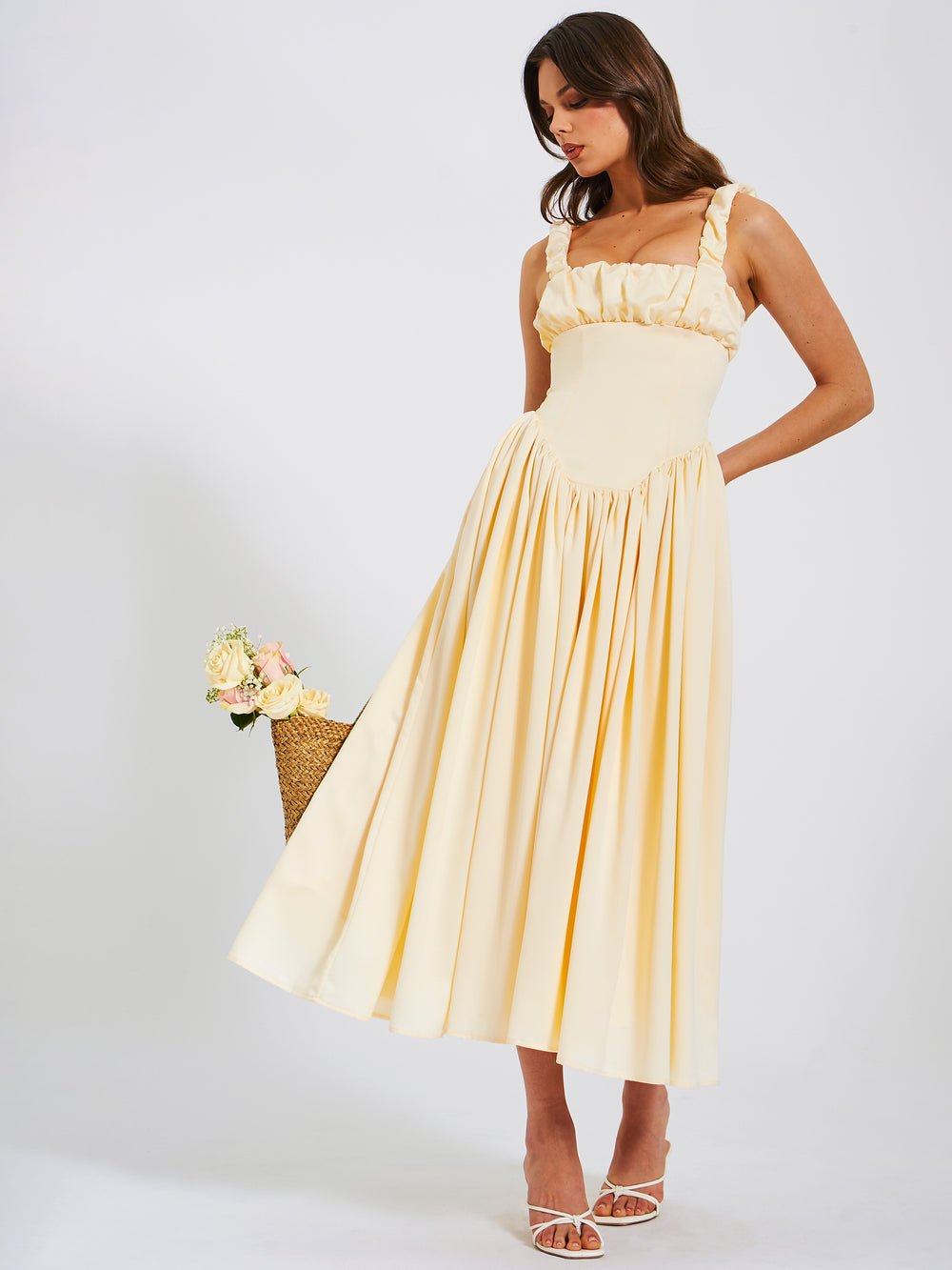 Riola Egg White Satin Drop Waist Maxi Sundress