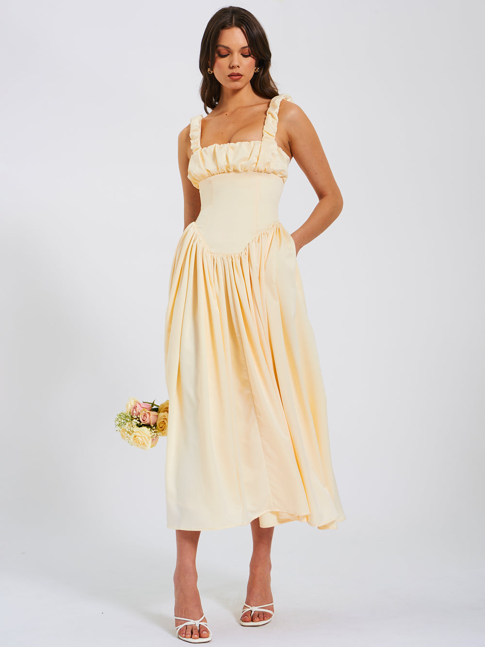 Riola Egg White Satin Drop Waist Maxi Sundress