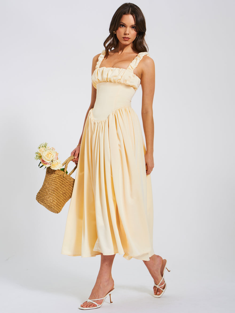 Riola Egg White Satin Drop Waist Maxi Sundress