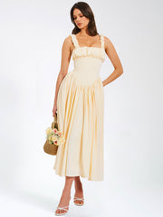 Riola Egg White Satin Drop Waist Maxi Sundress