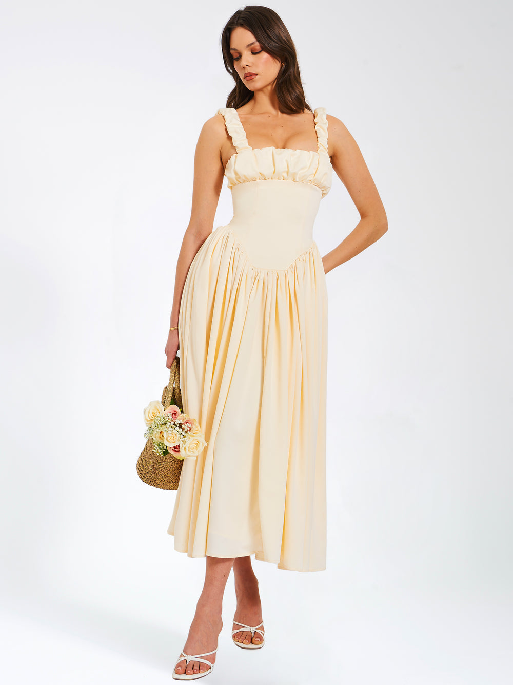 Riola Egg White Satin Drop Waist Maxi Sundress