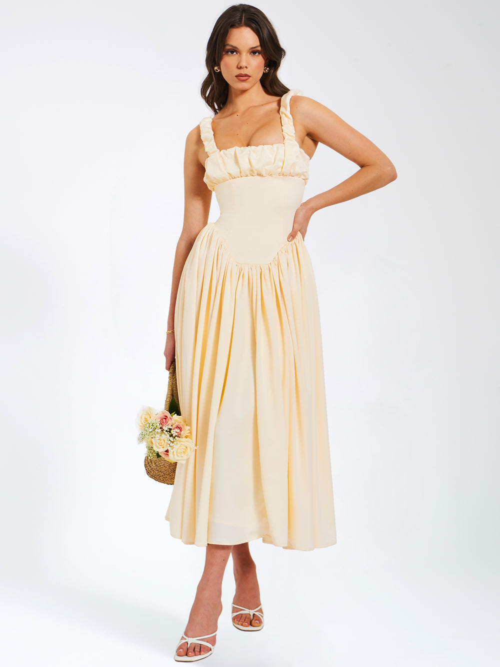 Riola Egg White Satin Drop Waist Maxi Sundress