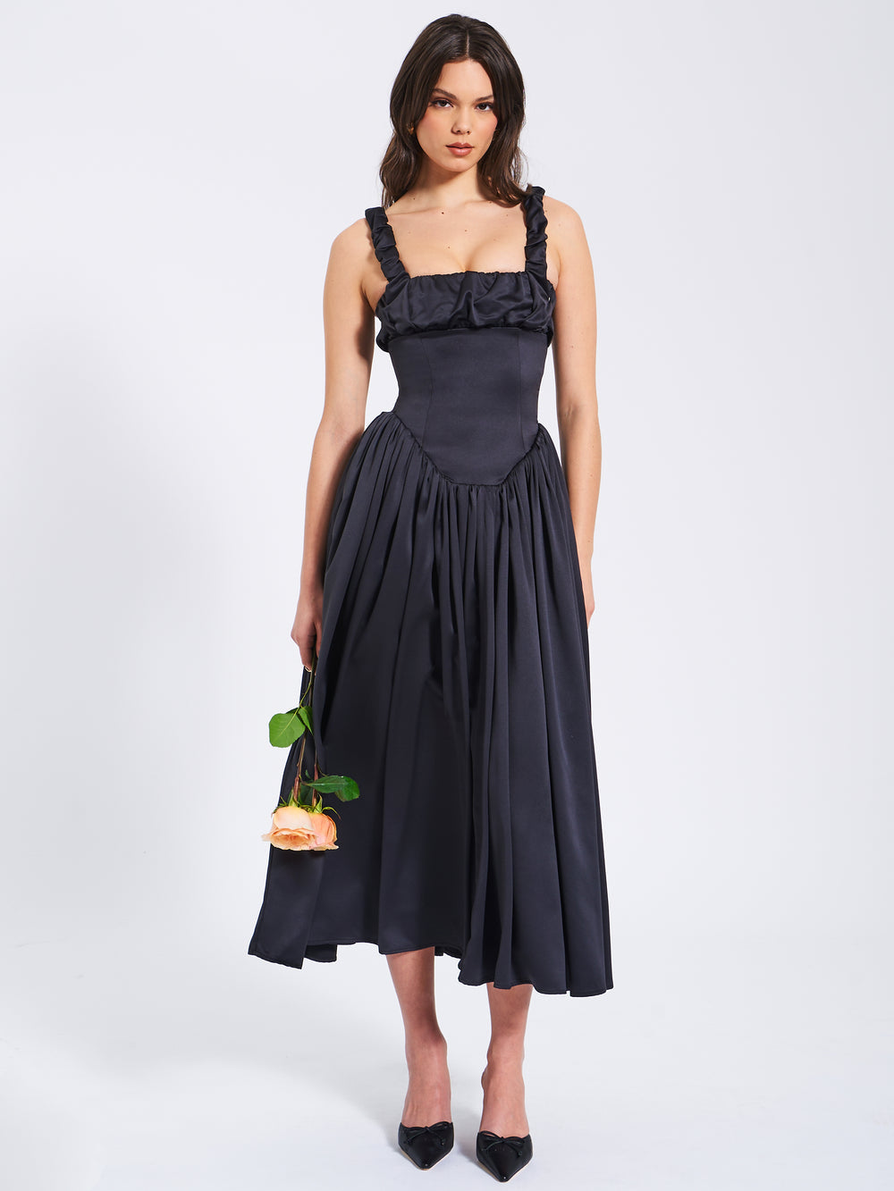 Riola Egg White Satin Drop Waist Maxi Sundress
