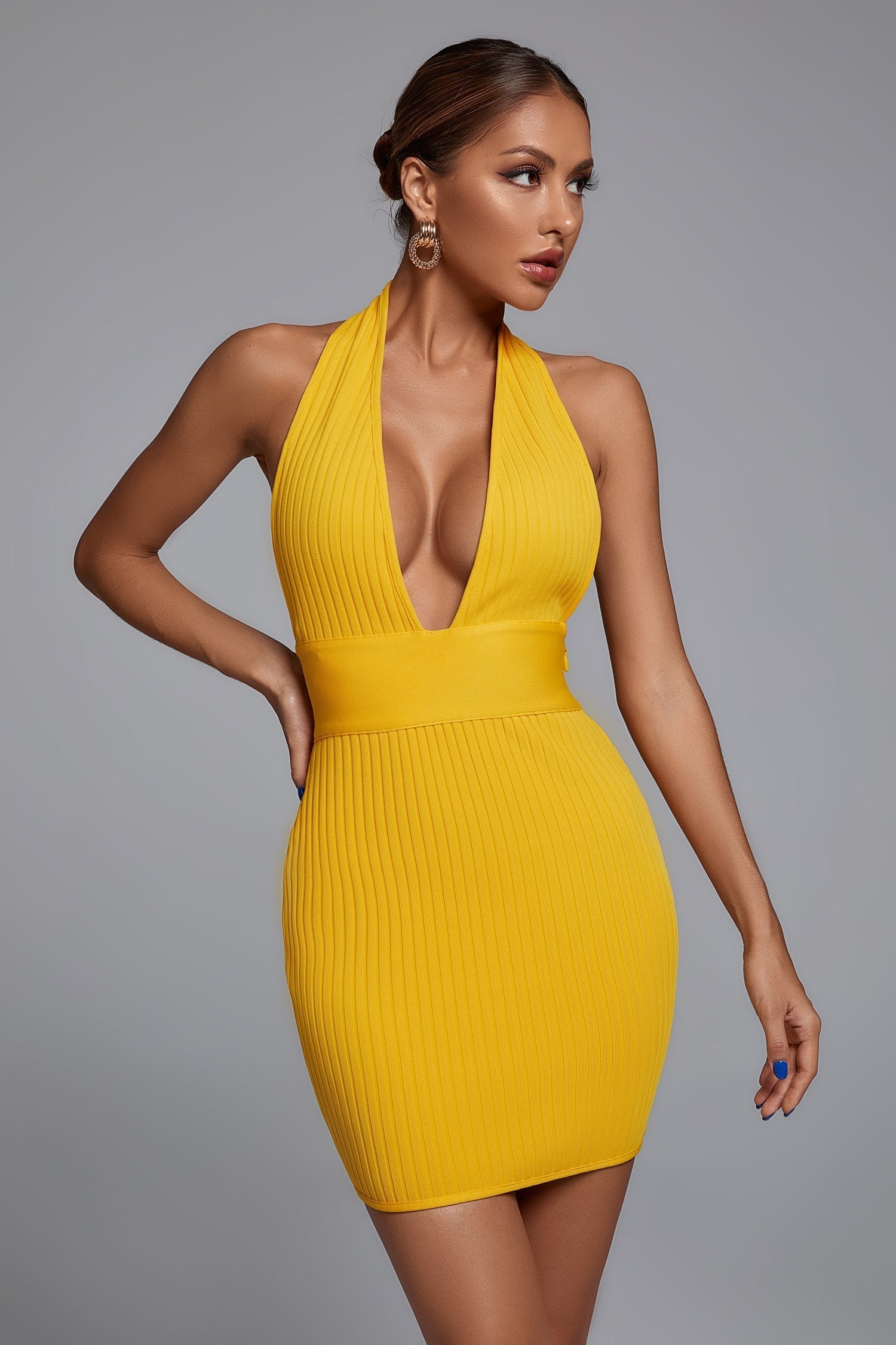 Lemily Knitted Deep V-Neck Halter Bandage dress