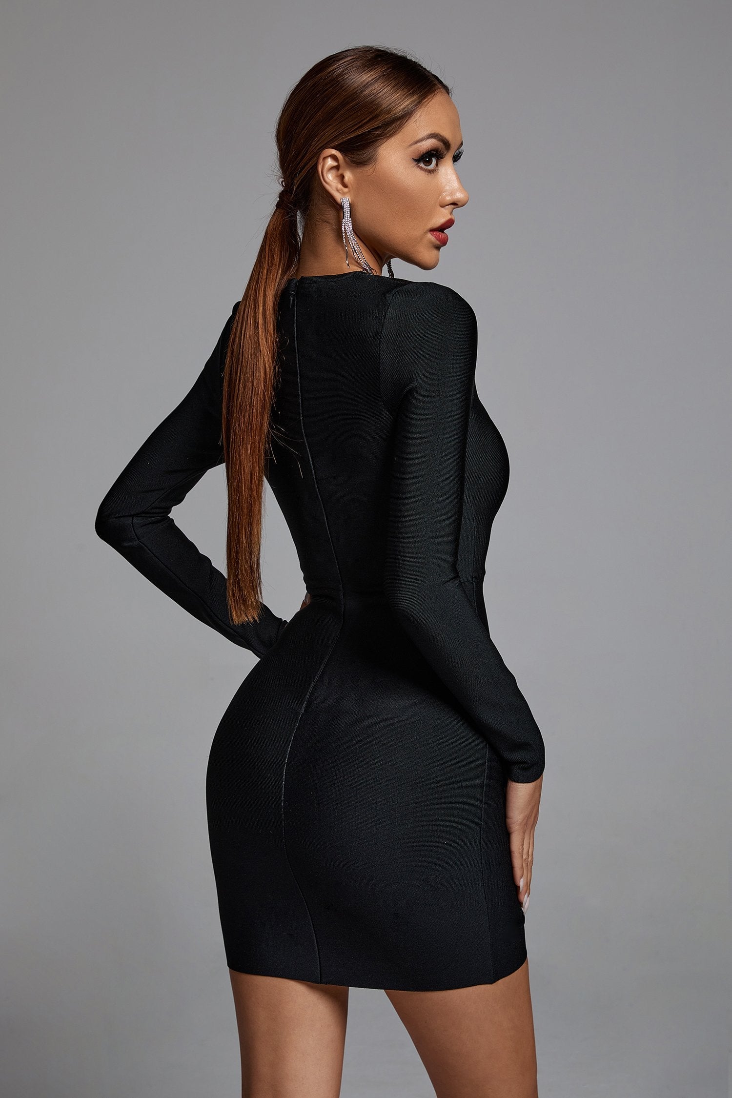 Elite V Neck Mesh Mini Dress Set-Black