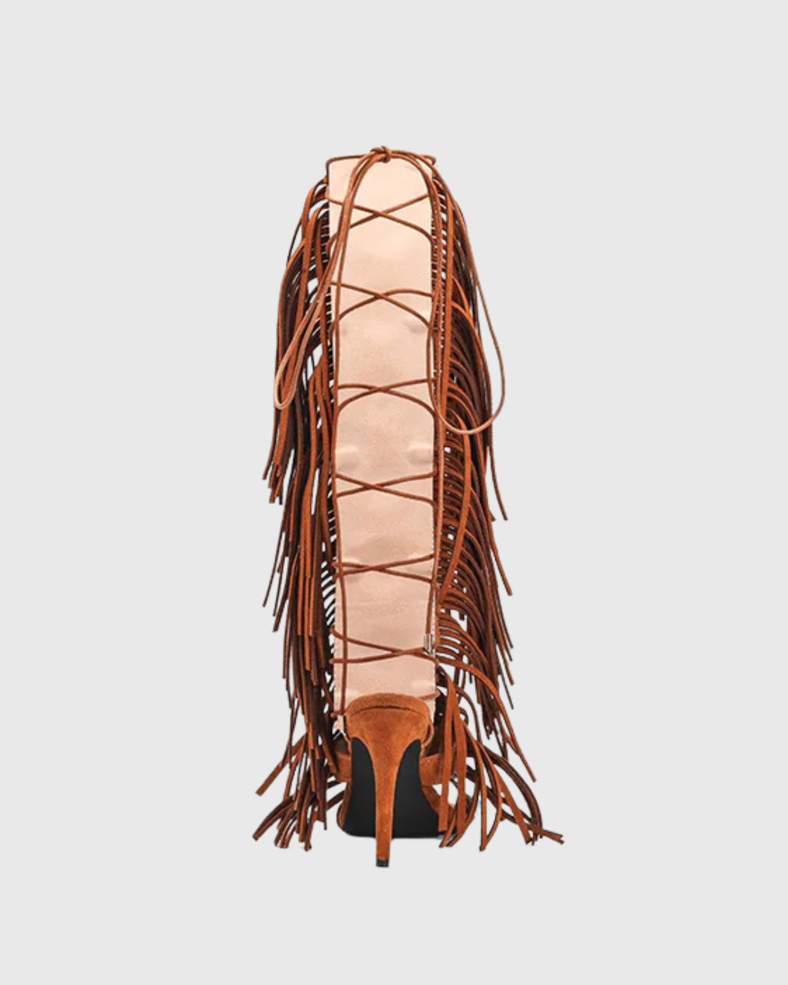 Babar Gem Embellished Fringe Lace Up Heels In Brown