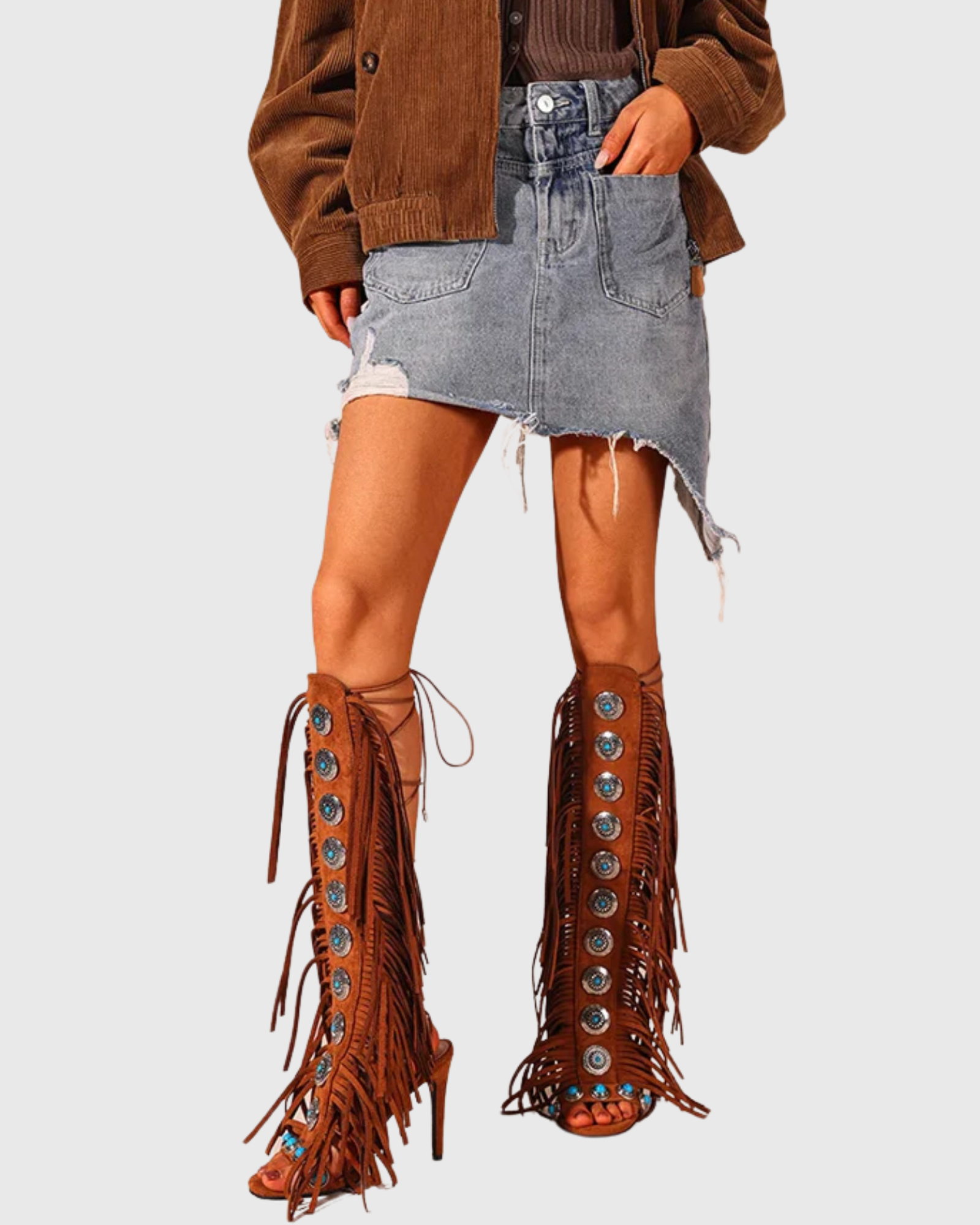 Babar Gem Embellished Fringe Lace Up Heels In Brown